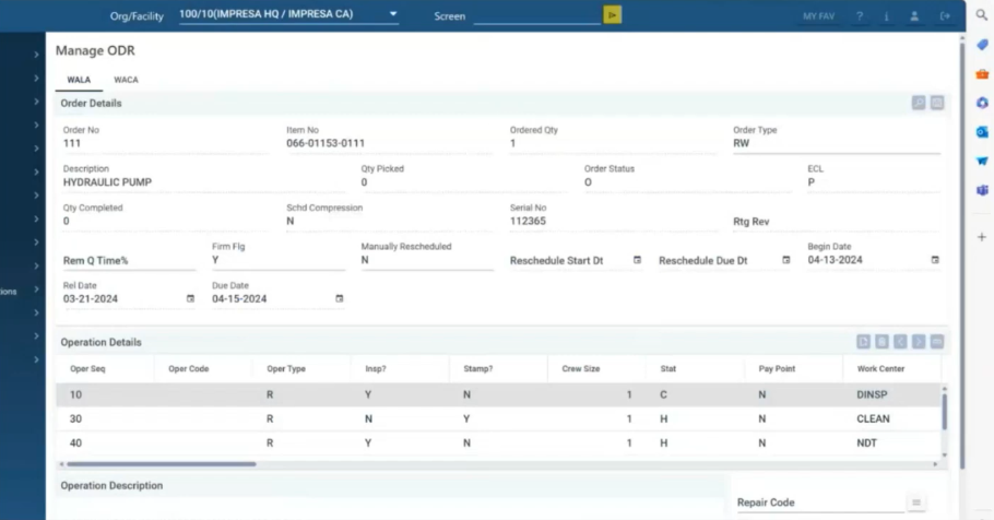 screenshot of Impresa MRO
